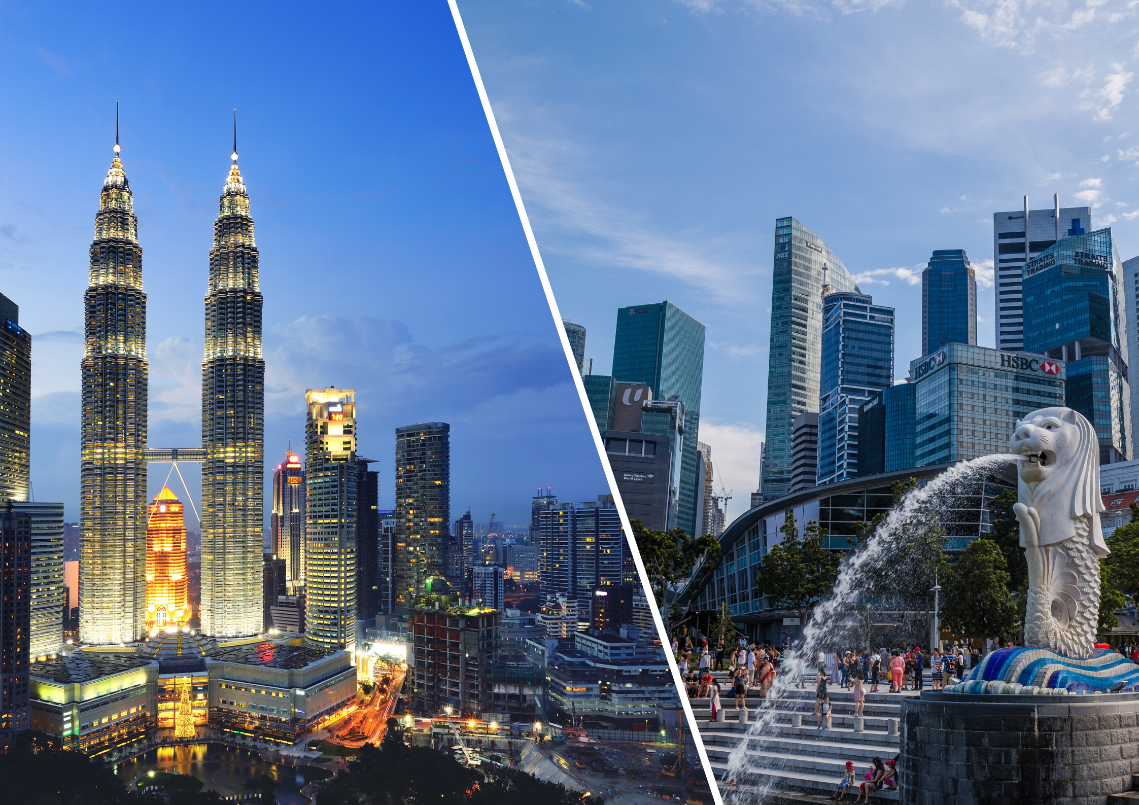 Split image showing the Petronas Twin Towers illuminated at night in Kuala Lumpur on the left and the Merlion fountain with Singapore’s skyline during daytime on the right.